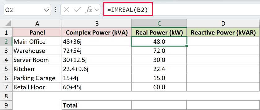 =IMREAL(B2) in C2