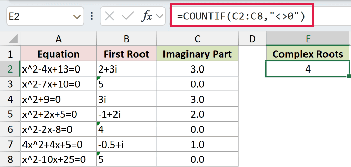 =COUNTIF(C2:C8,"<>0") in E2
