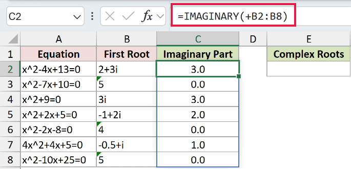 =IMAGINARY(+B2:B8) in C2