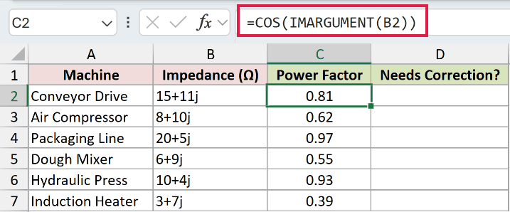 =COS(IMARGUMENT(B2)) in C2