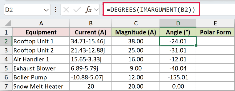 =DEGREES(IMARGUMENT(B2)) in D2