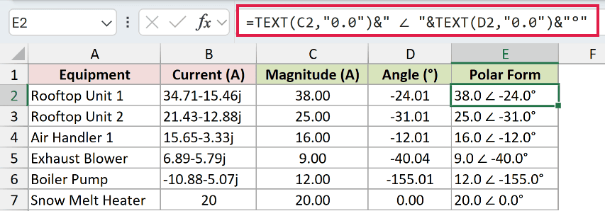 =TEXT(C2,"0.0")&" ∠ "&TEXT(D2,"0.0")&"°" in E2