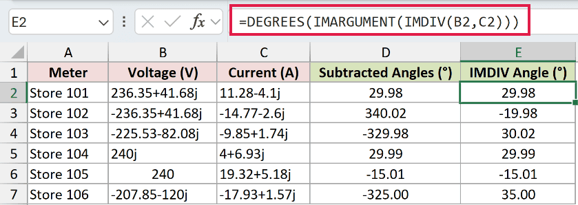 =DEGREES(IMARGUMENT(IMDIV(B2,C2))) in E2