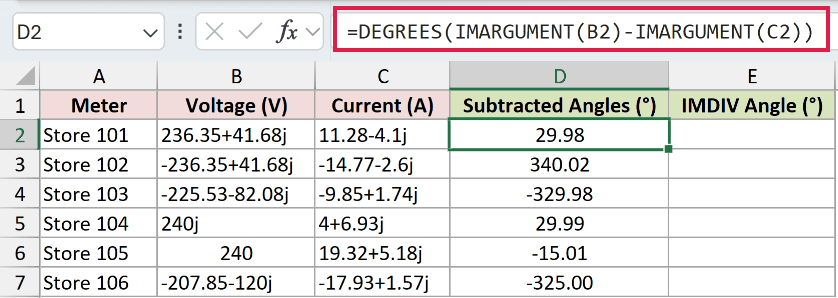 =DEGREES(IMARGUMENT(B2)-IMARGUMENT(C2)) in D2
