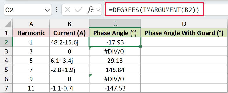 =DEGREES(IMARGUMENT(B2)) in C2