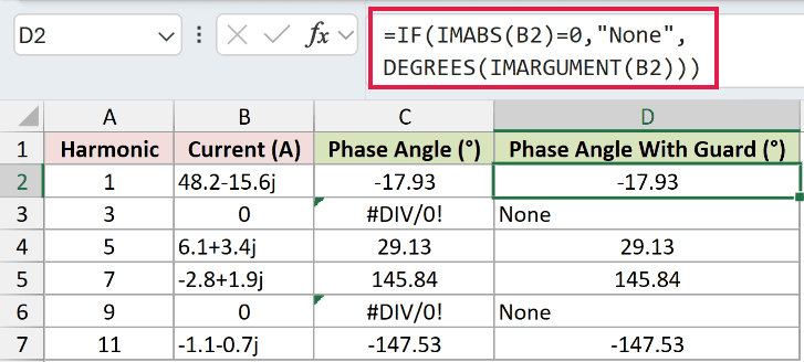 =IF(IMABS(B2)=0,"None",DEGREES(IMARGUMENT(B2))) in D2