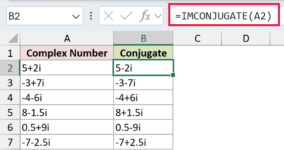 =IMCONJUGATE(A2) in B2