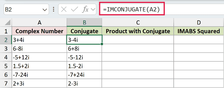 =IMCONJUGATE(A2) in B2