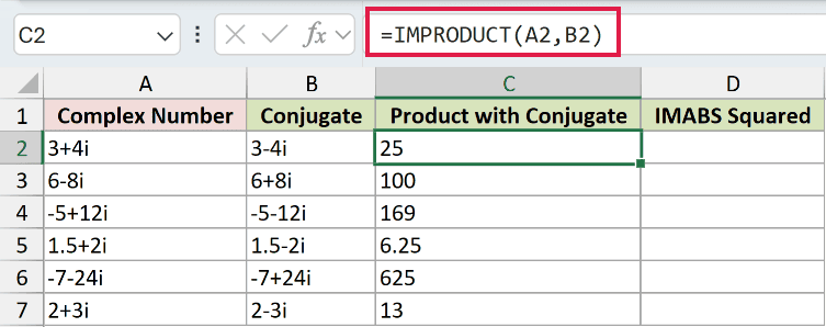 =IMPRODUCT(A2,B2) in C2