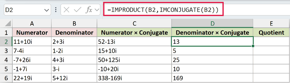 =IMPRODUCT(B2,IMCONJUGATE(B2)) in D2