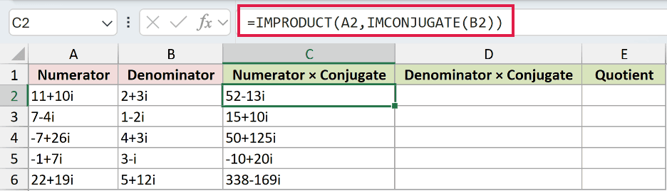 =IMPRODUCT(A2,IMCONJUGATE(B2)) in C2