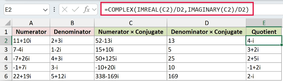 =COMPLEX(IMREAL(C2)/D2,IMAGINARY(C2)/D2) in E2