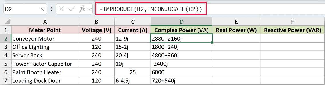=IMPRODUCT(B2,IMCONJUGATE(C2)) in D2