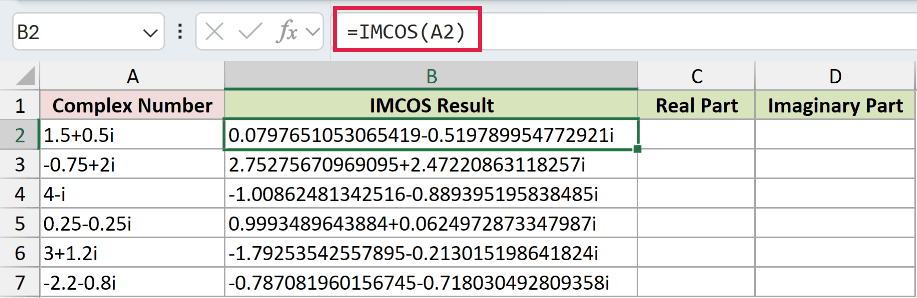 =IMCOS(A2) in B2