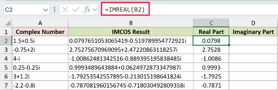 =IMREAL(B2) in C2
