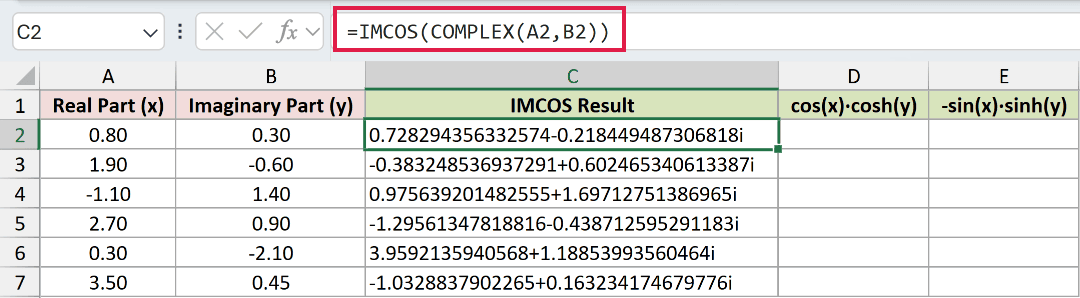 =IMCOS(COMPLEX(A2,B2)) in C2