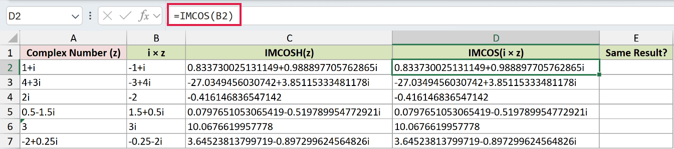 =IMCOS(B2) in D2