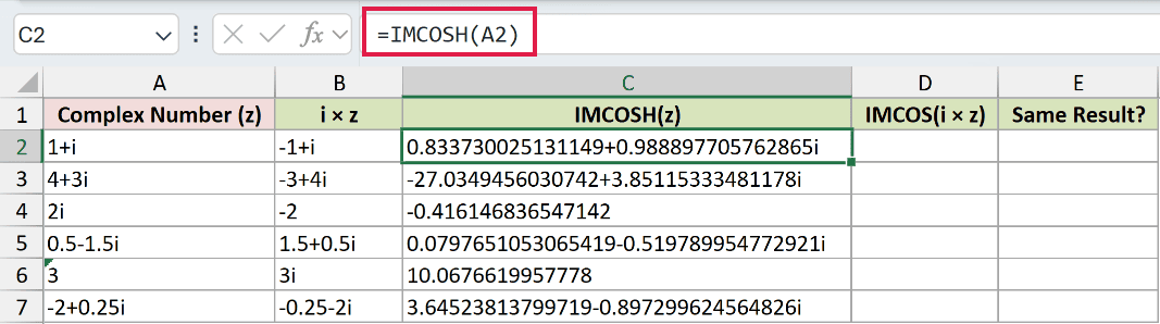 =IMCOSH(A2) in C2