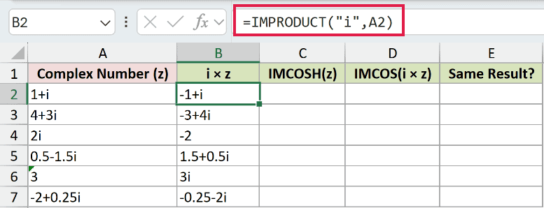 =IMPRODUCT("i",A2) in B2