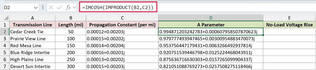 =IMCOSH(IMPRODUCT(B2,C2)) in D2