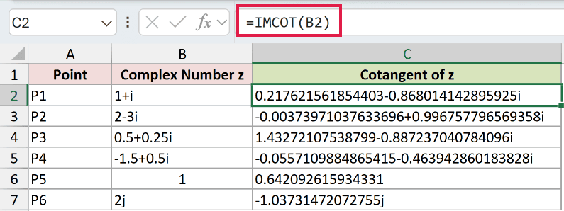 =IMCOT(B2) in C2