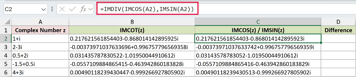 =IMDIV(IMCOS(A2),IMSIN(A2)) in C2