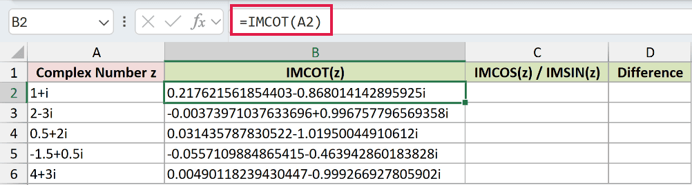 =IMCOT(A2) in B2