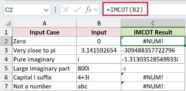 =IMCOT(B2) in C2