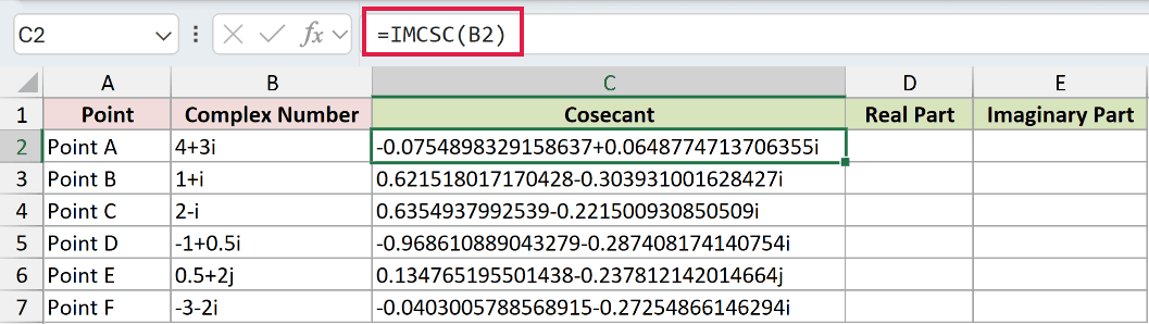 =IMCSC(B2) in C2