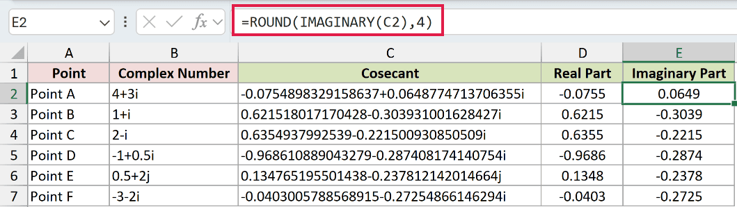 =ROUND(IMAGINARY(C2),4) in E2