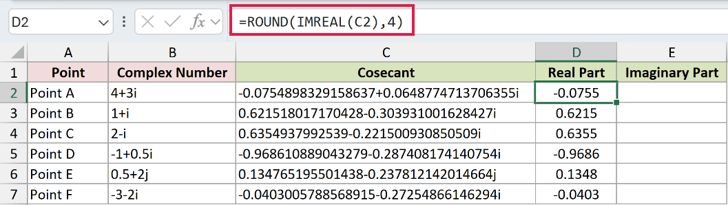 =ROUND(IMREAL(C2),4) in D2
