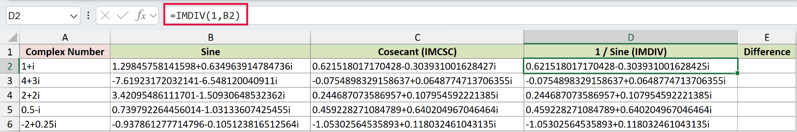 =IMDIV(1,B2) in D2