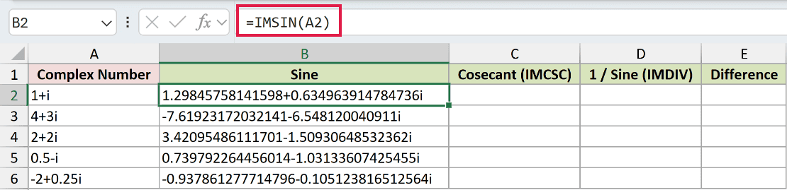 =IMSIN(A2) in B2