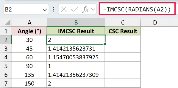 =IMCSC(RADIANS(A2)) in B2