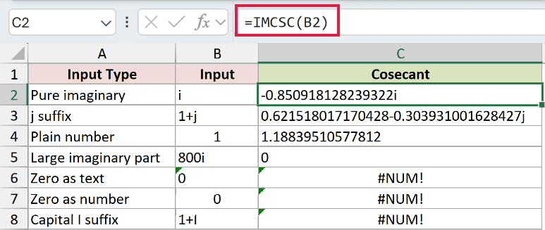 =IMCSC(B2) in C2