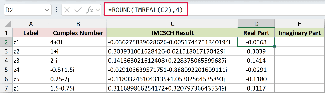 =ROUND(IMREAL(C2),4) in D2
