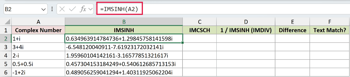 =IMSINH(A2) in B2