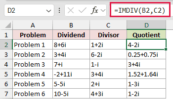 =IMDIV(B2,C2) in D2