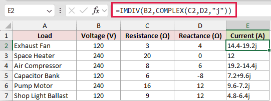 =IMDIV(B2,COMPLEX(C2,D2,"j")) in E2