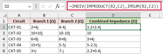 =IMDIV(IMPRODUCT(B2,C2),IMSUM(B2,C2)) in D2