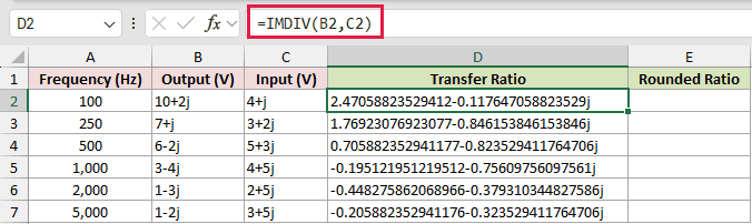 =IMDIV(B2,C2) in D2