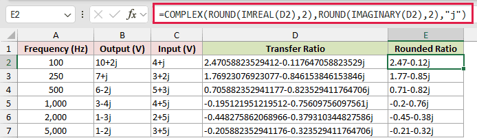 =COMPLEX(ROUND(IMREAL(D2),2),ROUND(IMAGINARY(D2),2),"j") in E2