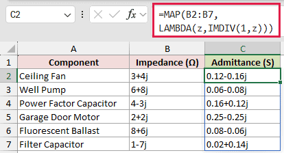=MAP(B2:B7,LAMBDA(z,IMDIV(1,z))) in C2