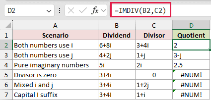 =IMDIV(B2,C2) in D2