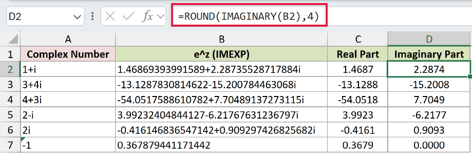 =ROUND(IMAGINARY(B2),4) in D2