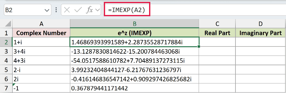 =IMEXP(A2) in B2
