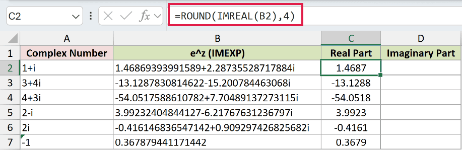 =ROUND(IMREAL(B2),4) in C2