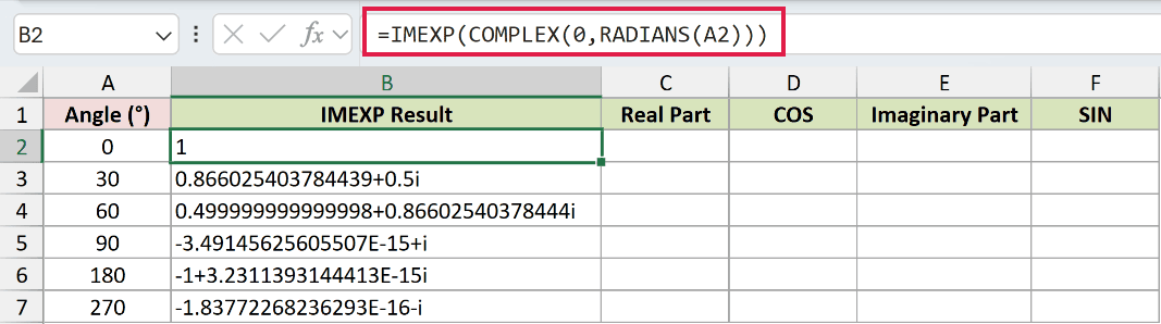 =IMEXP(COMPLEX(0,RADIANS(A2))) in B2