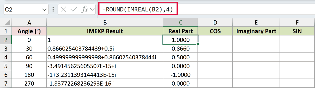 =ROUND(IMREAL(B2),4) in C2