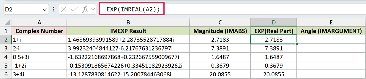 =EXP(IMREAL(A2)) in D2